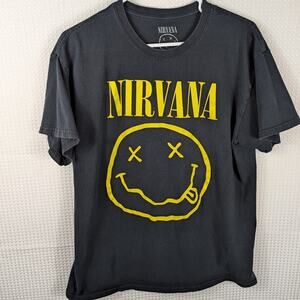 Nirvana Smiley Face T-Shirt Men’s L Black Yellow Graphic Band Tee Grunge Rock